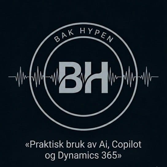 A logo with "BH" in a circle, sound waves, and "BAK HYPEN" above, on a dark background. Below, text reads: «Praktisk bruk av Ai, Copilot og Dynamics 365».